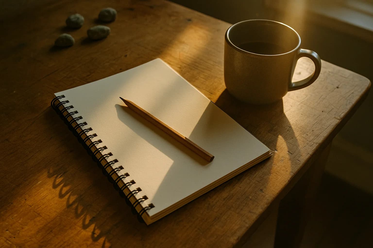 Sortir d’un blocage créatif : un carnet ouvert sur une page vide, un crayon posé en travers et une tasse froide sur un bureau en bois
