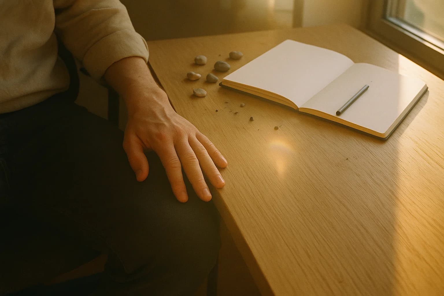 Exercice de respiration pour la créativité : une main posée à plat sur une cuisse, près d’une fenêtre, lumière de fin d’après-midi
