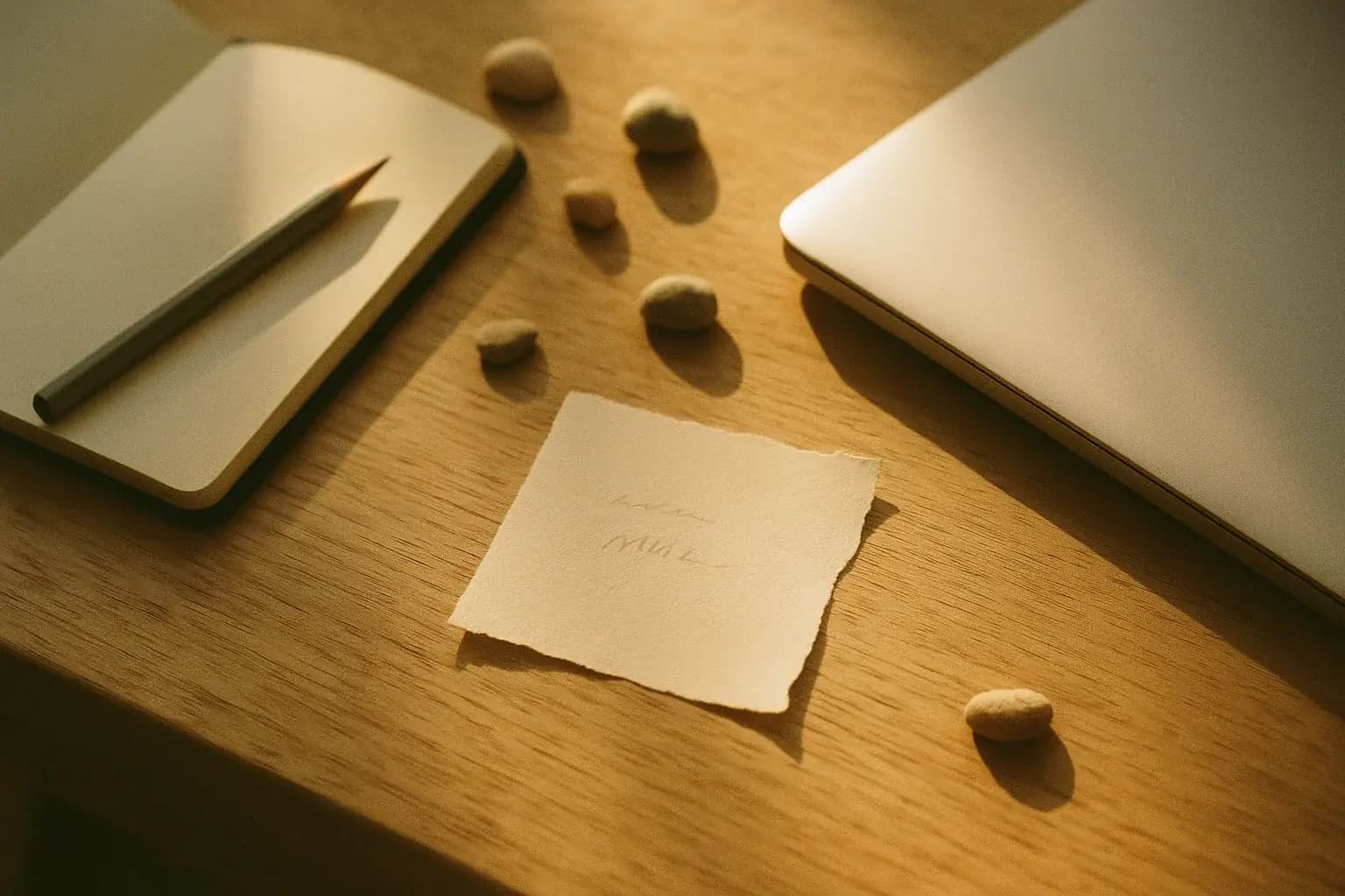 Retrouver l’inspiration : trois mots écrits au crayon sur un papier libre posé à côté d’un ordinateur portable fermé