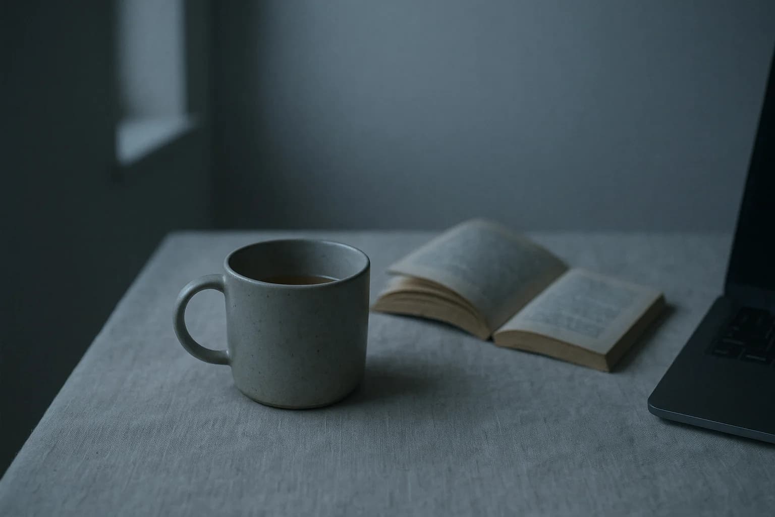 A mug of tea gone cold on a linen covered desk, a paperback left face down beside it and the edge of a laptop: what a wandering mind leaves behind