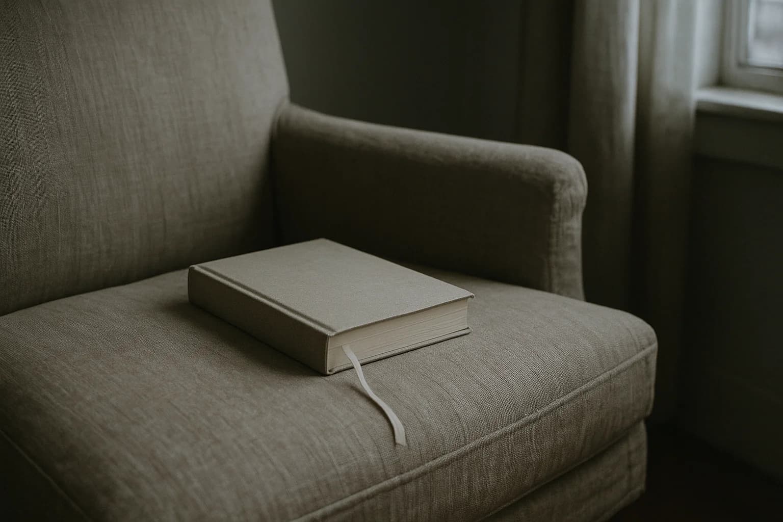 Un livre relié fermé sur l’assise en lin d’un fauteuil, un fin ruban de signet pendant hors des pages