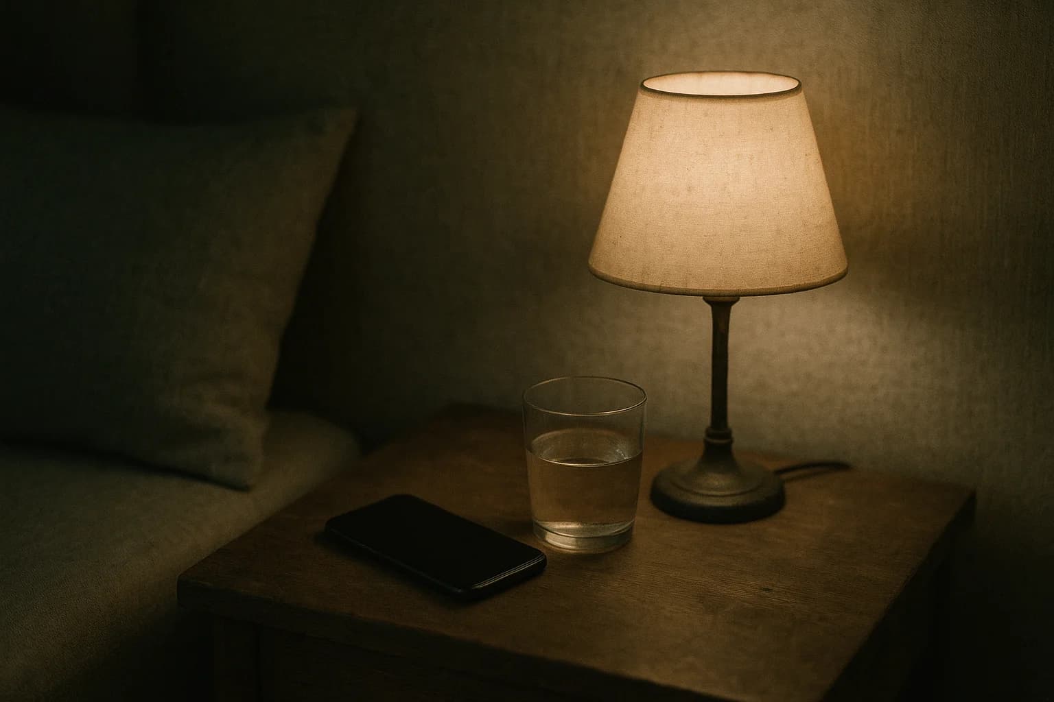 Table de chevet la nuit avant une visualisation pour dormir : téléphone retourné, verre d'eau à moitié vide, lampe tamisée.