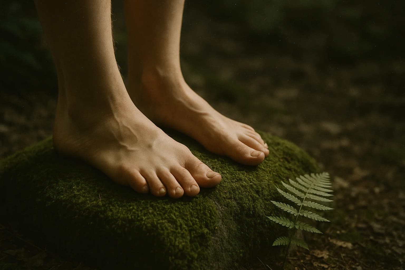 Pieds nus posés sur de la mousse verte épaisse en sous-bois, lumière douce filtrée par les arbres.