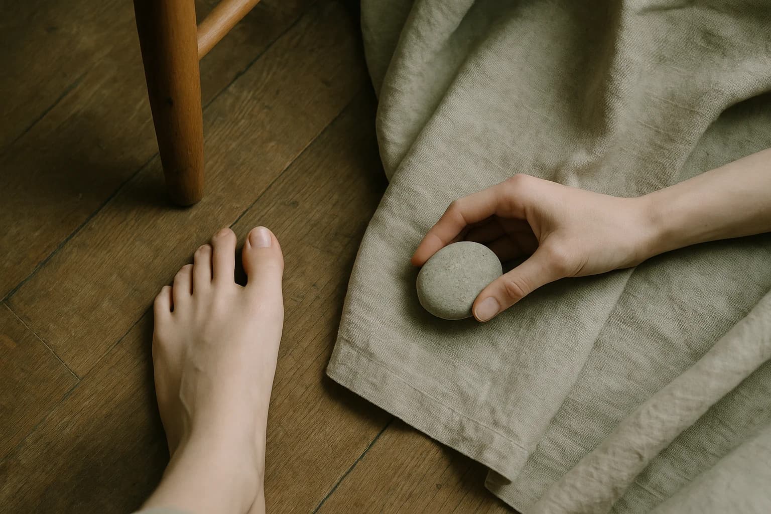 Bare foot on an oak floor and a hand holding a flat pebble on linen, a grounding image for coming back to the body