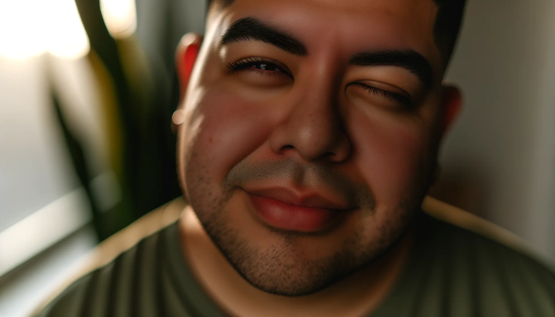 Visage serein aux yeux fermés avec un demi-sourire doux, illustrant le feedback facial et la confiance en soi par le sourire intérieur