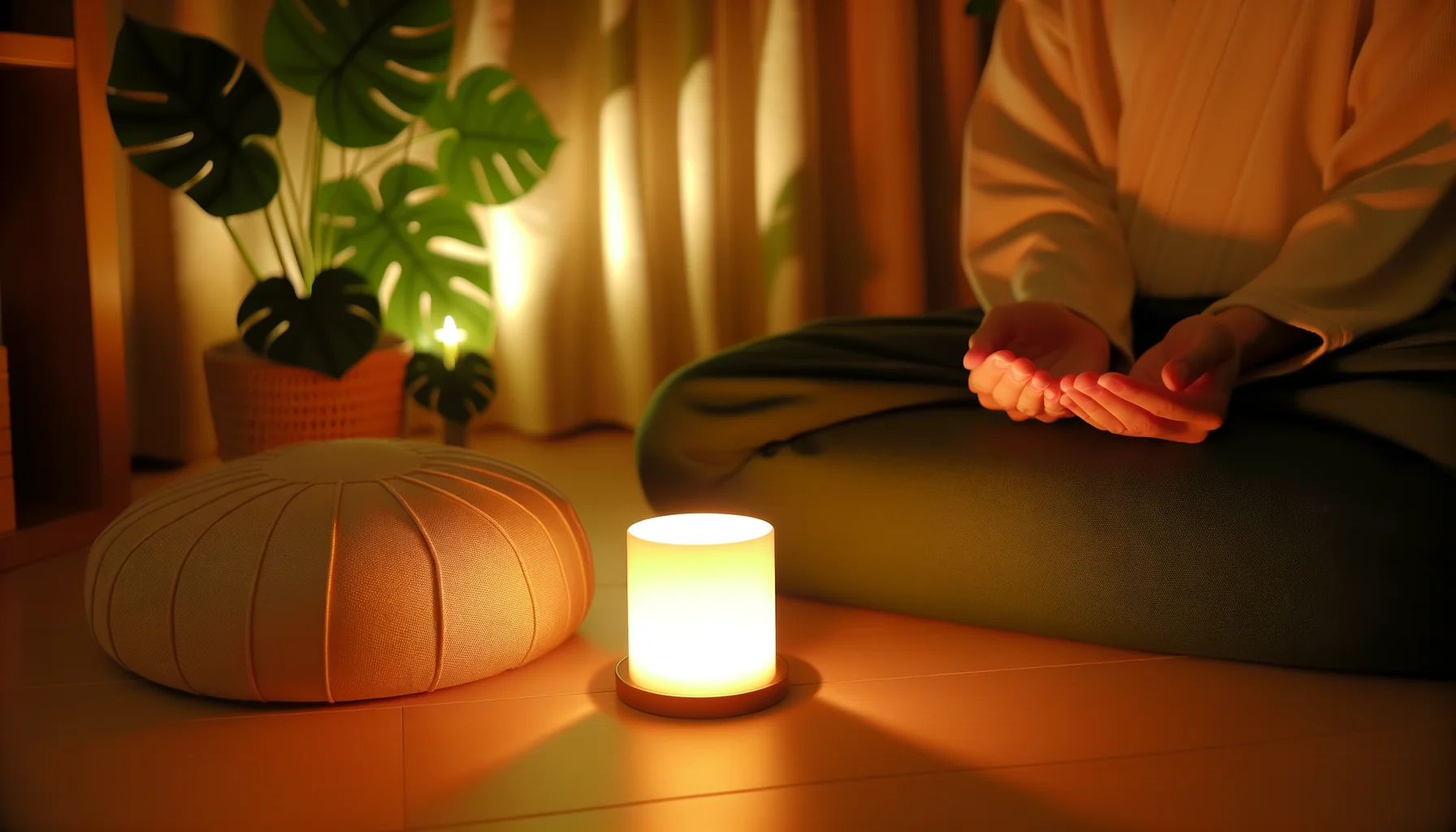 Mains en coupe éclairées par une lumière chaude dorée dans un cadre de méditation, évoquant le courage intérieur par la chaleur dans les mains