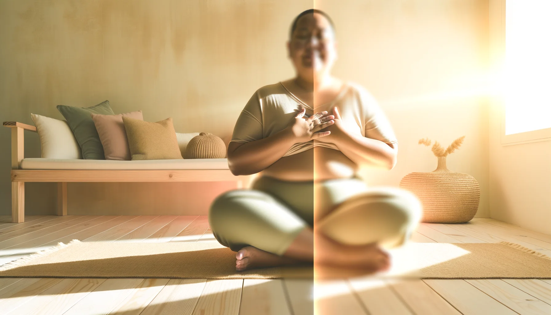 Personne méditant dans une lumière douce, mains sur le cœur, évoquant le tonglen adapté et la légèreté intérieure