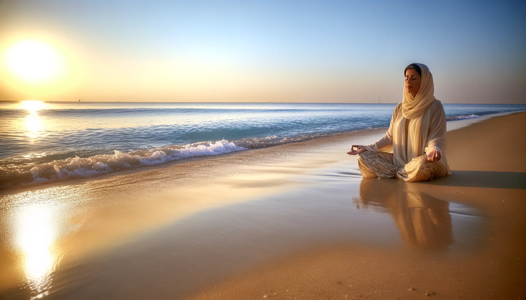 Personne méditant face à l’océan au lever du soleil, respirant au rythme des vagues pour cultiver le pardon